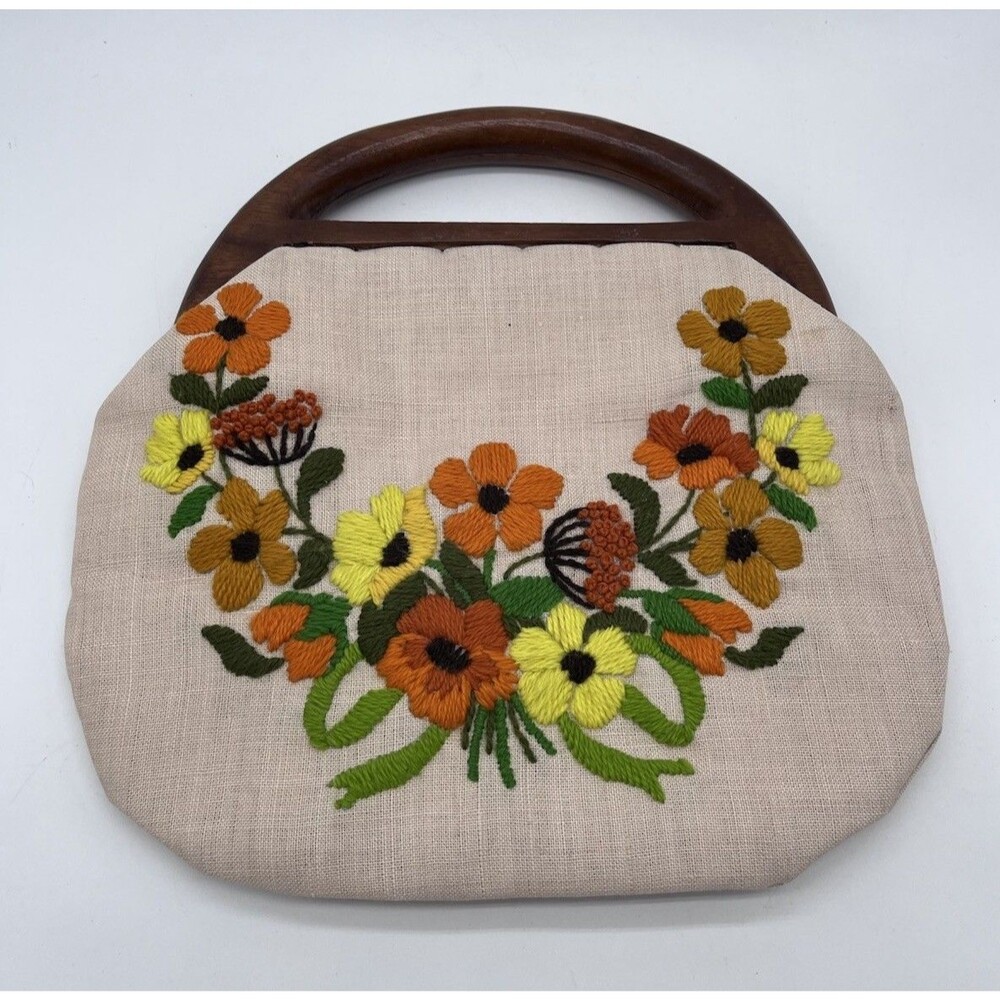 Vintage Embroidered Linen Handbag with Wooden Handle
